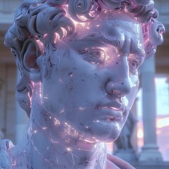 statue futuristic glitch art vaporwave voxels art. Luminous Marble Sculpture Detail. Close-up of a classic sculpture with a luminous digital enhancement.