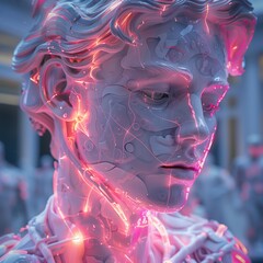statue futuristic glitch art vaporwave voxels art. Cyber Renaissance Sculpture Close-Up. Digital reinterpretation of a renaissance sculpture with a cyber network pattern.