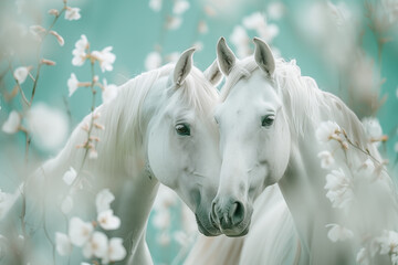 Two white horses  surrounded the white spring flowers on a mint background - 768267540