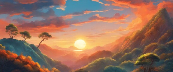 Amazing sunlit mountains, in illustrator form