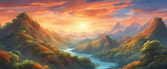 Amazing sunlit mountains, in illustration paint form