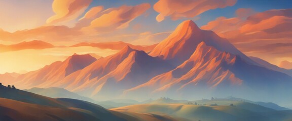 Amazing sunlit mountains, in illustration paint form