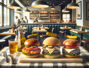 Three Gourmet Burgers on Wooden Table in Diner