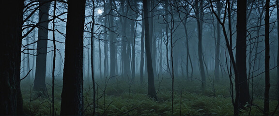 Haunted forest. Misty spooky forest or woods, at night with the moon out. Dark forest in moonlight. 
