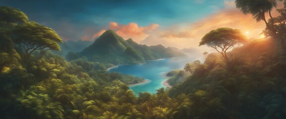 Fototapeta na wymiar Amazing sunlit mountains, in illustration paint form