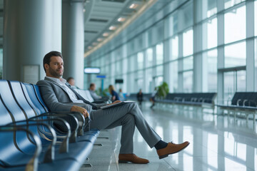 Man is sitting with baggage near boarding gate of airplane in an empty airport terminal while...