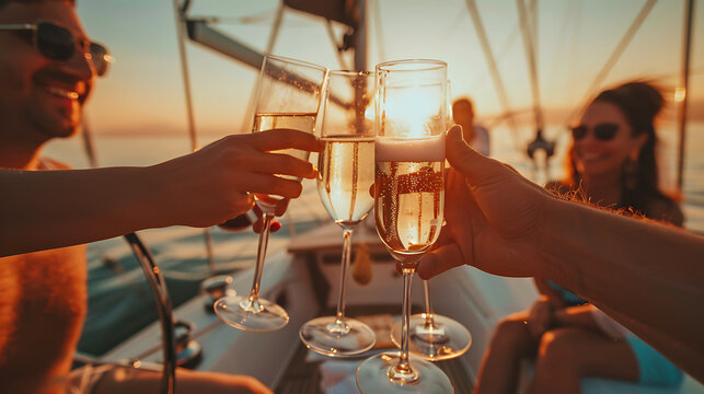 A group of people on a boat, toasting with champagne glasses during sunset