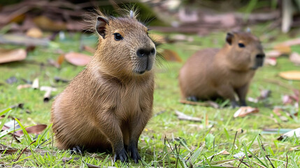 Naklejka na ściany i meble capybara couple sitting outside the watere