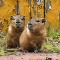 capybara couple sitting outside the watere