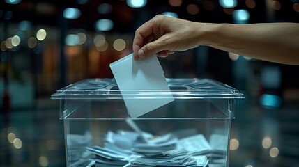 Using a light gesture, the person slips the ballot into the glass ballot box - obrazy, fototapety, plakaty