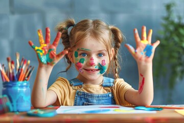 Cute child displaying her painted hands, symbolizing creativity and the joy of learning