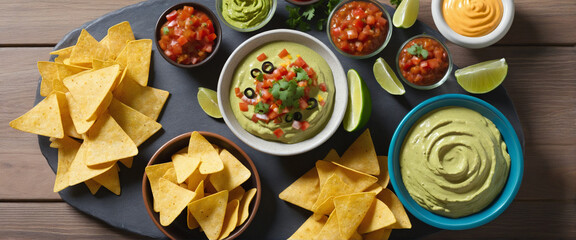 divided bowl with nacho chips and cheese salsa and guacamole dip  - obrazy, fototapety, plakaty