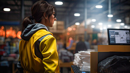 Warehouse worker in yellow, overseeing shipments.