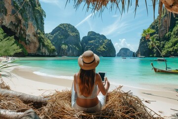  Traveler woman relaxing on straw nests using tablet at Railay beach Krabi, Asia business people on...