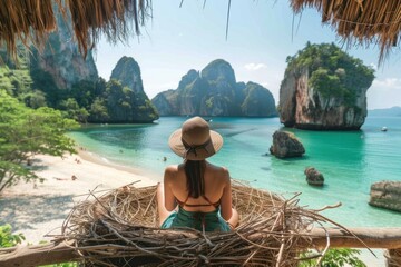  Traveler woman relaxing on straw nests using tablet at Railay beach Krabi, Asia business people on...