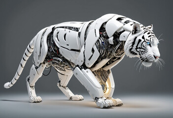 Fototapeta na wymiar Robotic white tiger png, mechanical cyber animal isolated on transparent background, cybernetic robot