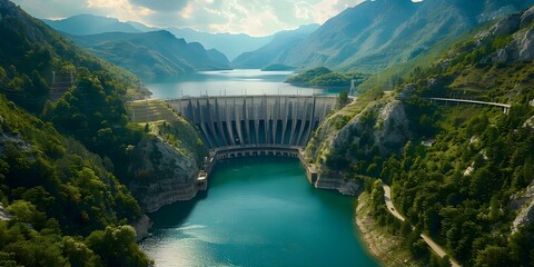 Aerial view of a hydroelectric power station and dam in the mountains generating electricity from water turbines. Concept Renewable Energy, Hydroelectric Power, Aerial Photography