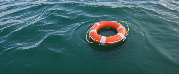 life buoy rescue ring in the middle of the ocean for rescue and help sos concepts as wide banner with copyspace area - obrazy, fototapety, plakaty