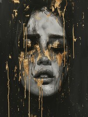 A painting featuring a womans face with vibrant paint splatters