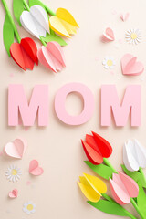 Special Mother's Day craft with vertical top view of origami floral, "MOM" text, heart motifs, and light confetti on a soft beige base, space provided for your heartfelt message