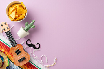 Cinco de Mayo setup featuring overhead shots of traditional hat, a vihuela, mustaches, a cactus, a...
