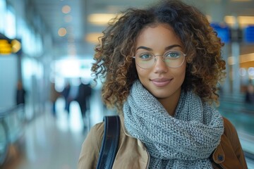 A young woman with curly hair and glasses posing in the airport with a gentle smile and wearing a cozy scarf