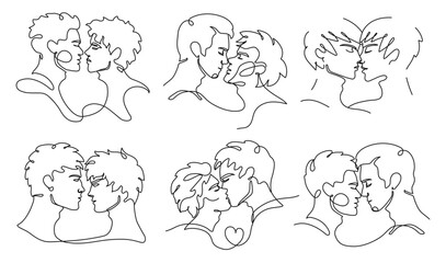 Gays kissing set, vector illustration. Figure with one continuous line. Portraits of men set. LGBT men in love.