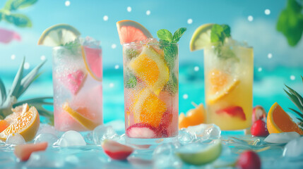 Tree glasses with cold fresh cocktails in water. Summer holiday concept. Generative AI - 768270111
