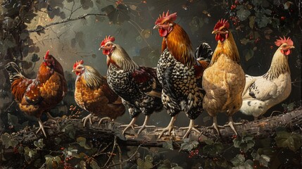 Detailed close-up of a group of chickens roosting together on a perch, depicting the communal nature of poultry. - obrazy, fototapety, plakaty