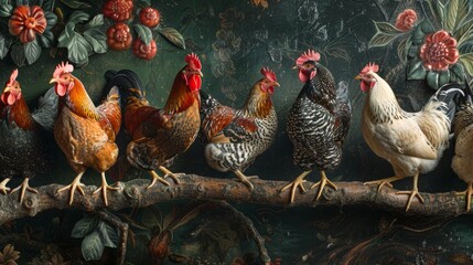 Zoomed in, the image captures the tight-knit camaraderie of chickens roosting side by side, illustrating their social nature.