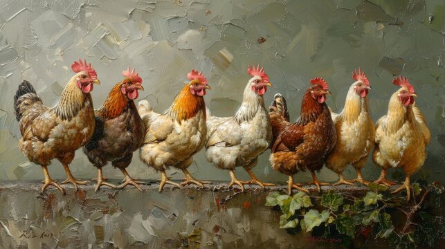 A focused capture highlights the cohesive bond among a cluster of chickens perched together, accentuating their communal instincts.