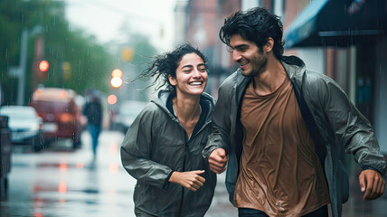 Drenched pair, laughter, running joyfully together.