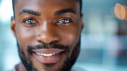 In this precise close-up, the resolute and confident visage of a thriving entrepreneur mirrors the unwavering determination and perseverance essential for fostering business expansion. - obrazy, fototapety, plakaty