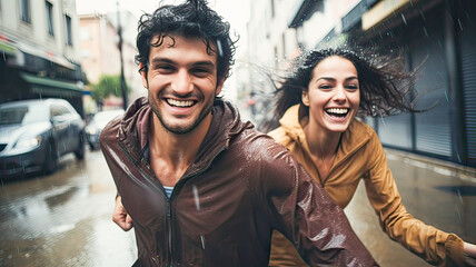 Naklejka premium Caucasian couple, wide-angle portrait, laughing, running joyfully in the rain, shared happiness.