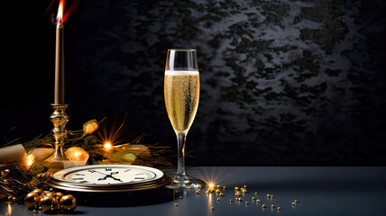 Elegant New Year's Eve - Champagne, Golden Clock, and Glamorous Accessories.