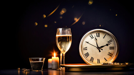Festive Celebration - Champagne Glass, Gilded Timepiece, and Shimmering Accents.