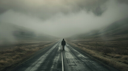 pessoa caminhando sozinha por uma longa estrada - obrazy, fototapety, plakaty