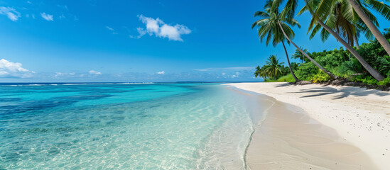 Beautiful sandy beach with palm trees and azure sea on the island, paradise on earth