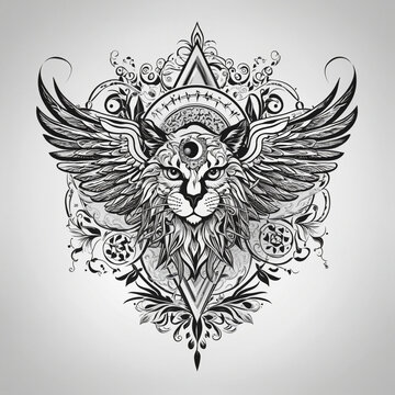tattoo design Flat vector logo with fantasy bird/cat like creature