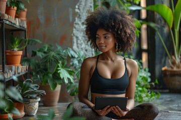 Relaxed, modern woman using a digital tablet in an indoor garden, surrounded by a variety of plants