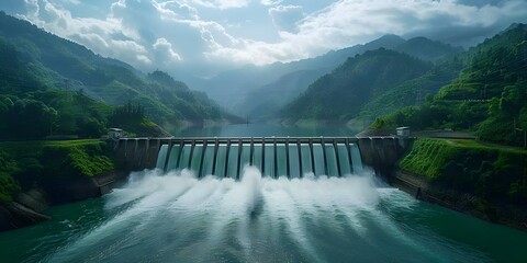 Hydroelectric power plant in green valley with vast dam harnessing rivers power water cascading down spillways. Concept Hydroelectric Power Plant, Green Valley, Vast Dam, Water Cascades, Spillways - obrazy, fototapety, plakaty