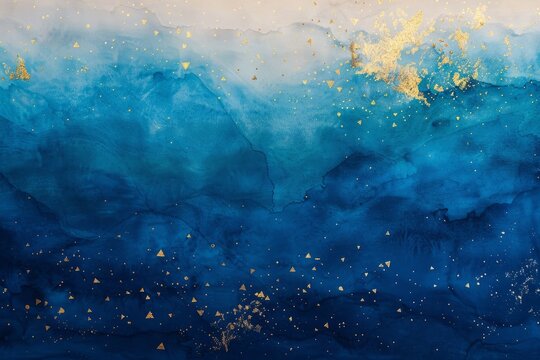 Elegant blue watercolor painting with gold leaf accents, resembling a deep sea scape.
