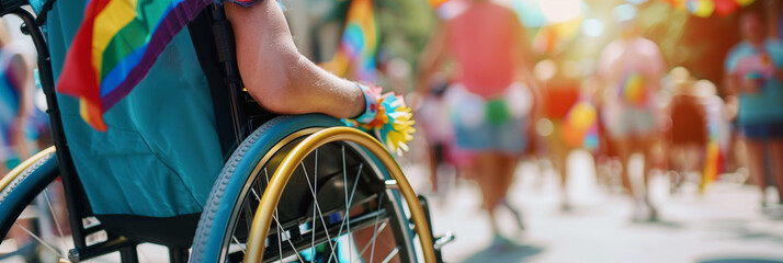 Inclusive pride image of disabled gay man in wheelchair celebrating LGBTQ+ festival in the summer with rainbow flags. Copy space pride inclusion and diversity banner.