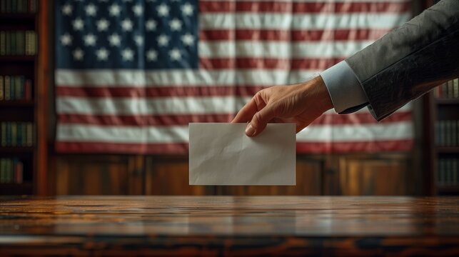 Man sliding ballot into envelope in front of American flag