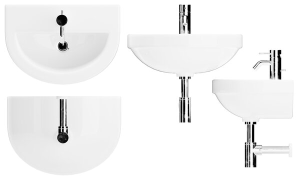 White Bathroom Sink Variations with Chrome Details on a Black Background