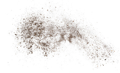 Plakaty  Dirt flying, soil pile scattered isolated on white background
