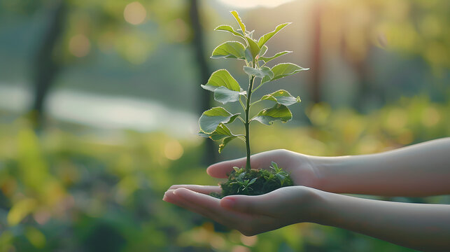 Young Plant Cradled in Hands Against a Softly Lit Forest Background at Sunset