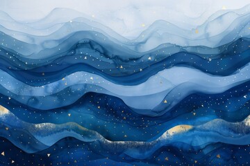 Abstract blue watercolor waves with gold particles - obrazy, fototapety, plakaty