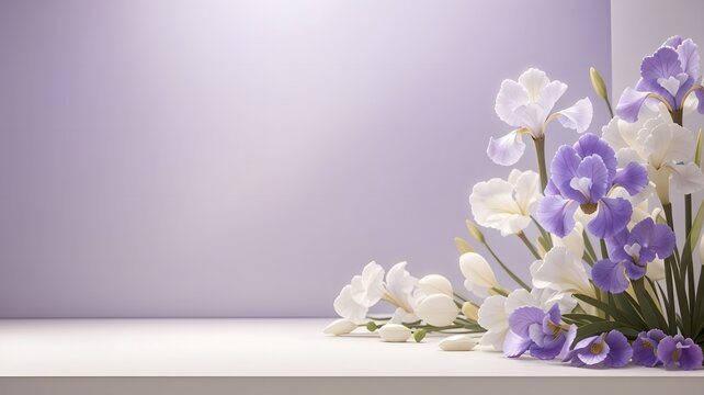 An empty background for product presentation with  white and light purple flowers 