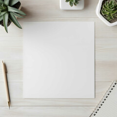 Blank clean white planner or notebook, office flat lay with pencil and green plant, phone wallpaper, aesthetic background for Instagram stories - obrazy, fototapety, plakaty